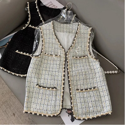 Toamna 2022, nou, asortat, slim fit, vestă solidă, vestă din tweed, jachetă, pentru femei, cu decolteu în V, cu nasturi de perle, cardigan de primăvară pentru femei