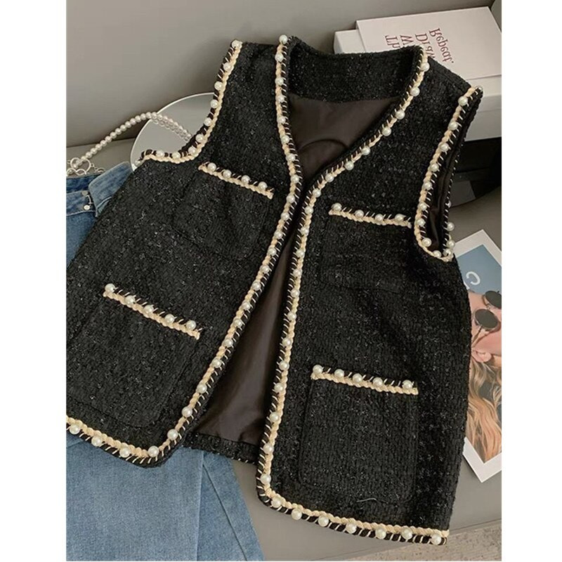 2022. gada rudens jaunums, pilnībā atbilstošs, slaids, vienkrāsains veste, tvīda veste, jaka, sieviešu veste, ar pērļu pogām.