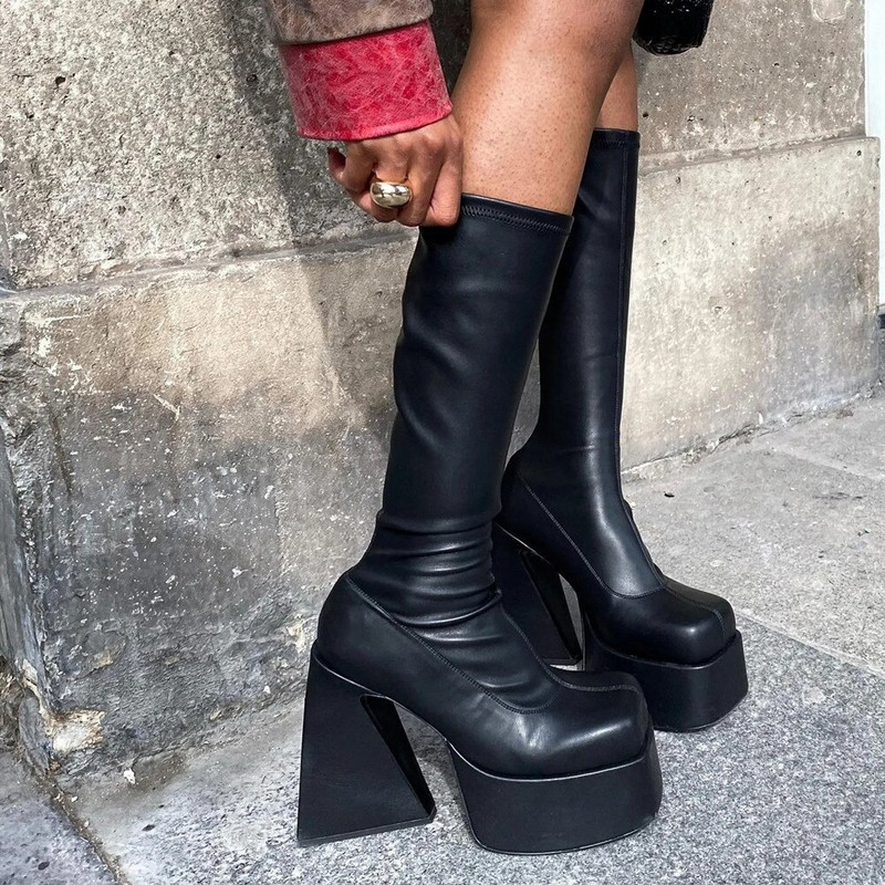 Γυναικείες μπότες 2022 New Fashion Platform Wedges Luxury Ankle Med Calf Boots για Γυναικείες Κομψές επώνυμα παπούτσια Goth με ψηλό τακούνι