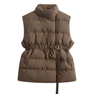 Πουφερ Γιλέκο Γυναικείο Χειμερινό αμάνικο μπουφάν Γυναικεία περιστασιακή ζώνη Κομψό παλτό Γυναικείο σταντ γιακά με φερμουάρ Chaleco Mujer