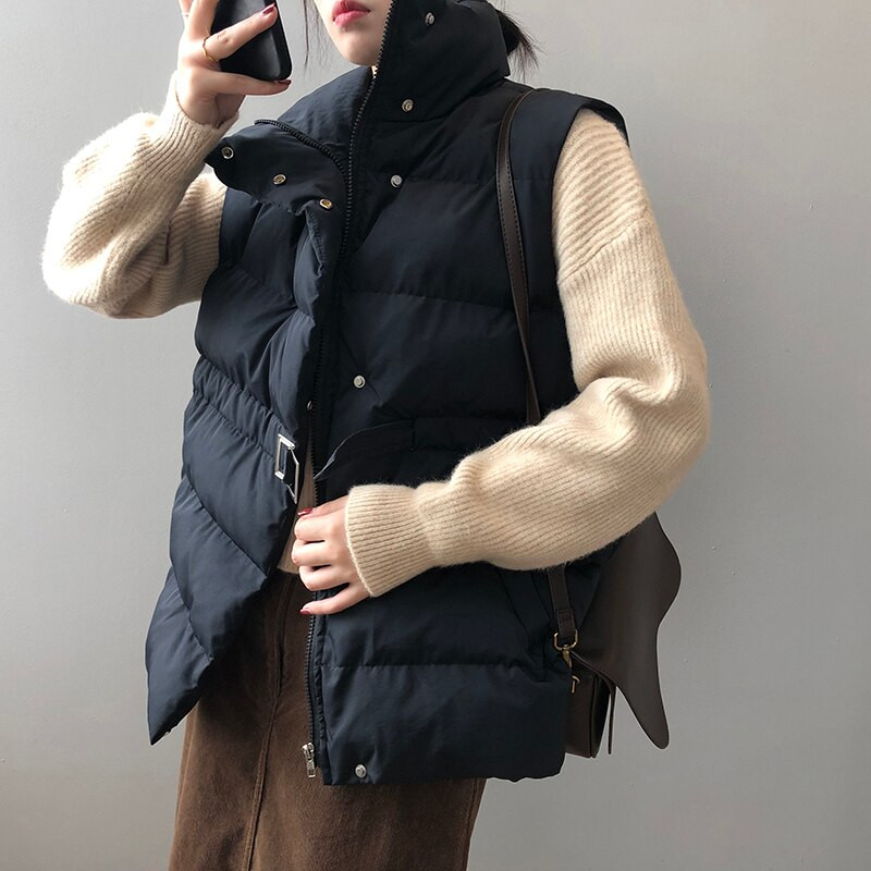 Πουφερ Γιλέκο Γυναικείο Χειμερινό αμάνικο μπουφάν Γυναικεία περιστασιακή ζώνη Κομψό παλτό Γυναικείο σταντ γιακά με φερμουάρ Chaleco Mujer