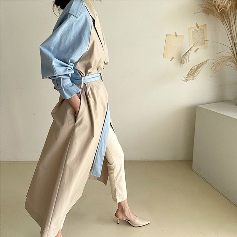 Vintage kontrasta krāsas savienošana sieviešu garais mētelis ar vērtnēm pavasaris rudens ikdienas sieviešu vēja necaurlaidīgs mētelis ar garām piedurknēm