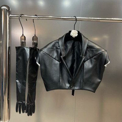 PREPOMP 2022 Rudens nolaižama apkakle bez piedurknēm, polsterēta pleca viena poga, melna Pu mākslīgās ādas plānas veste cimdi Crop GG655