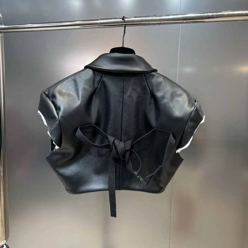 PREPOMP 2022 Rudens nolaižama apkakle bez piedurknēm, polsterēta pleca viena poga, melna Pu mākslīgās ādas plānas veste cimdi Crop GG655