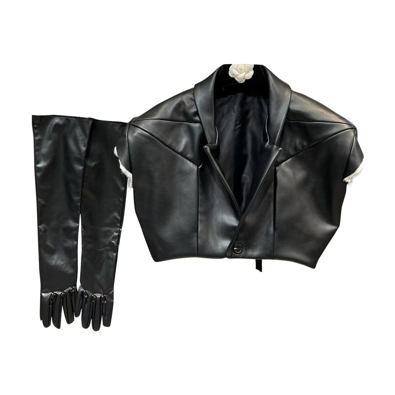 PREPOMP 2022 Rudens nolaižama apkakle bez piedurknēm, polsterēta pleca viena poga, melna Pu mākslīgās ādas plānas veste cimdi Crop GG655