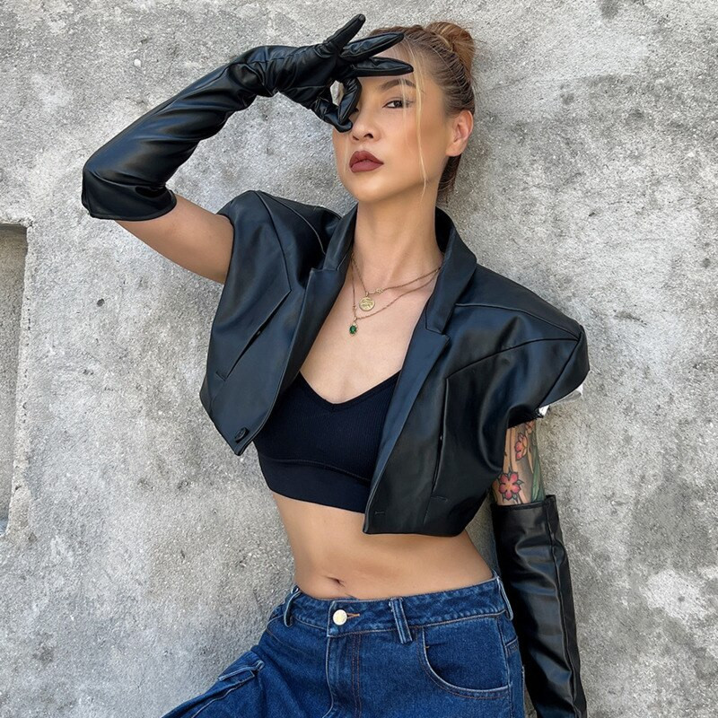 PREPOMP 2022 Rudens nolaižama apkakle bez piedurknēm, polsterēta pleca viena poga, melna Pu mākslīgās ādas plānas veste cimdi Crop GG655