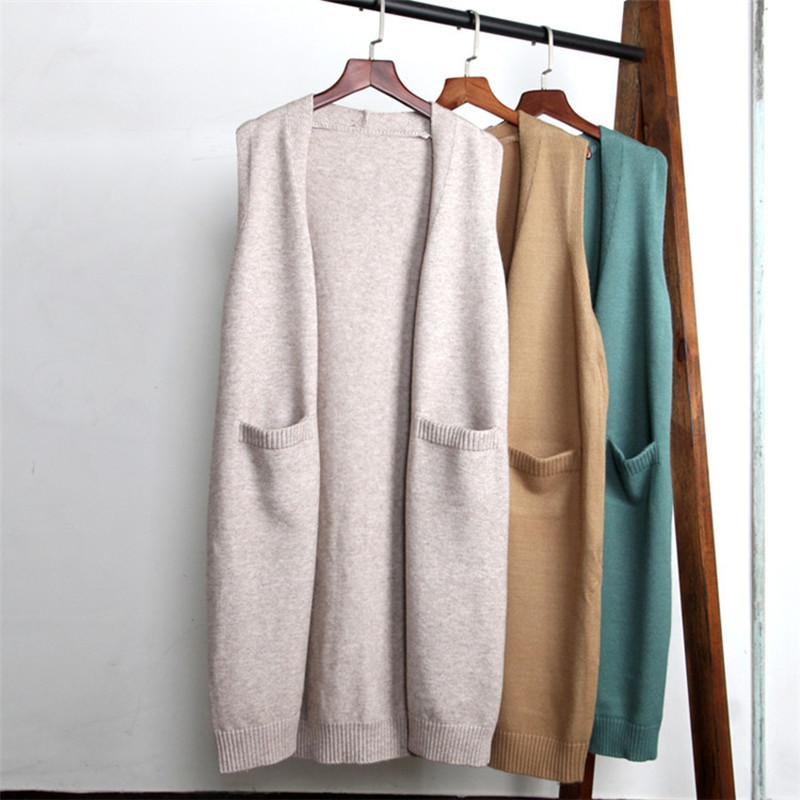 Proljetni dugi pleteni prsluk bez rukava 2022., ženski kaput od pune vune, korejski modni ženski džemper s V-izrezom, zimski prsluk