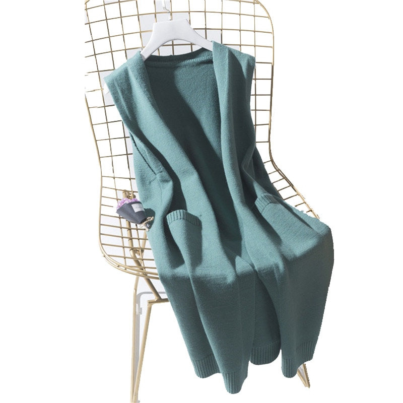 Proljetni dugi pleteni prsluk bez rukava 2022., ženski kaput od pune vune, korejski modni ženski džemper s V-izrezom, zimski prsluk