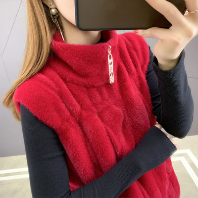 2021 Φθινόπωρο χειμερινό βελούδινο γιλέκο με ψηλό λαιμό, γυναικείο χοντρό ελαστικό γιλέκο με φερμουάρ μονόχρωμο αμάνικο ρούχο ζεστό
