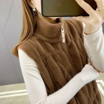 2021 Φθινόπωρο χειμερινό βελούδινο γιλέκο με ψηλό λαιμό, γυναικείο χοντρό ελαστικό γιλέκο με φερμουάρ μονόχρωμο αμάνικο ρούχο ζεστό