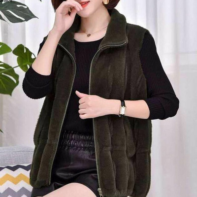 2021 Φθινόπωρο χειμερινό βελούδινο γιλέκο με ψηλό λαιμό, γυναικείο χοντρό ελαστικό γιλέκο με φερμουάρ μονόχρωμο αμάνικο ρούχο ζεστό