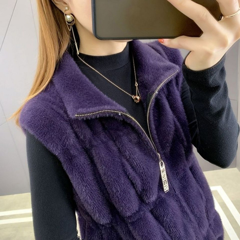 2021 Φθινόπωρο χειμερινό βελούδινο γιλέκο με ψηλό λαιμό, γυναικείο χοντρό ελαστικό γιλέκο με φερμουάρ μονόχρωμο αμάνικο ρούχο ζεστό