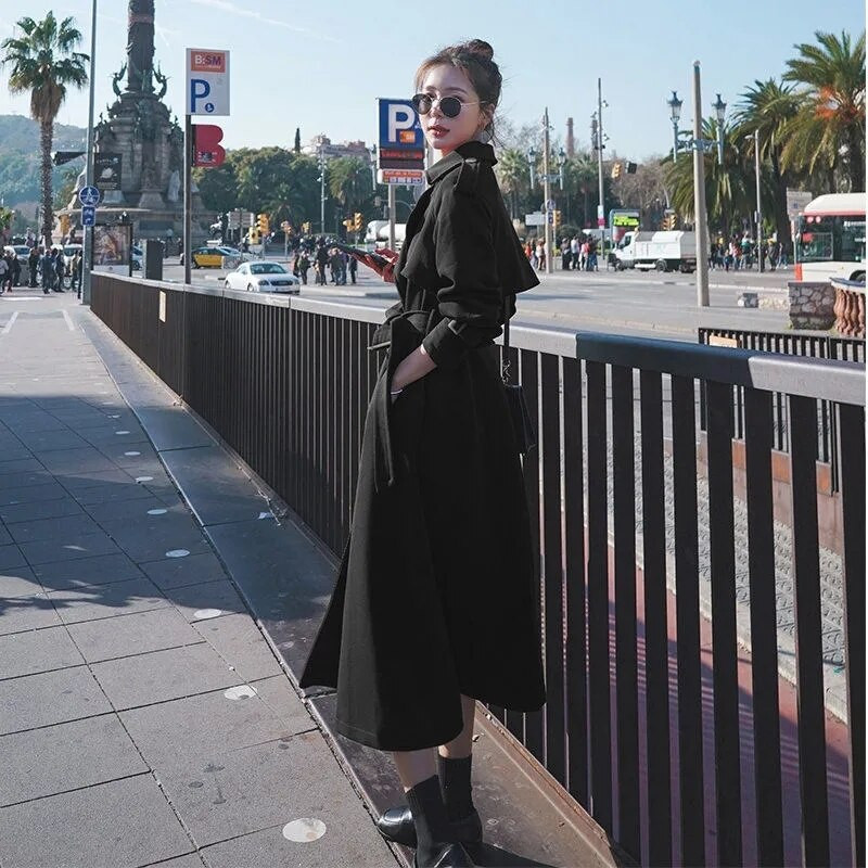 Vintage Wine Red Κομψή μεσαίου μήκους καμπαρντίνα με διπλό στήθος με φύλλα Γυναικεία σκούρο μπλε χακί Μαύρο παλτό Loose casual φθινόπωρο