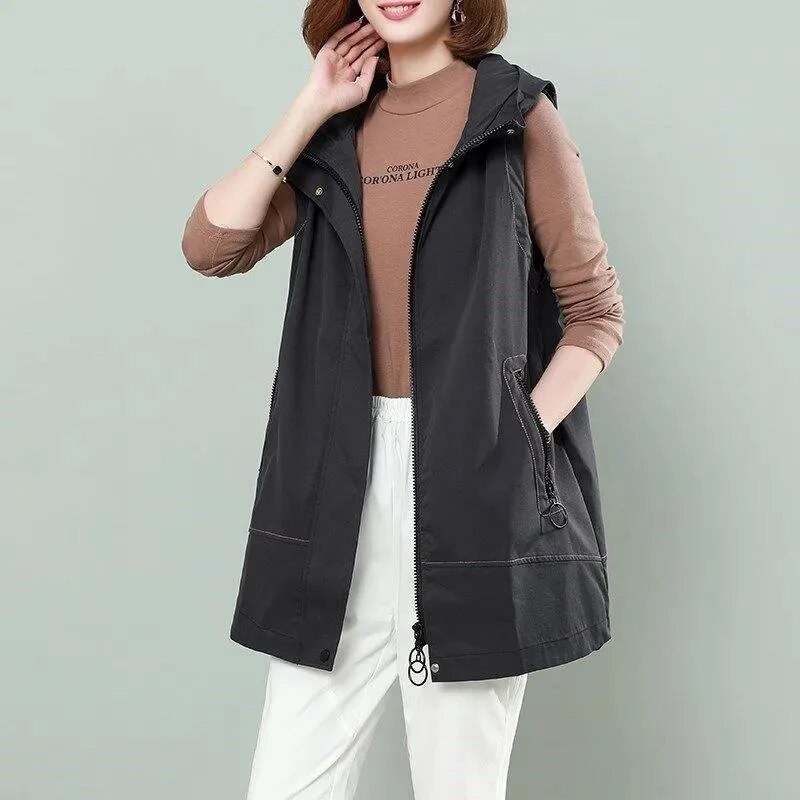 2022 Γυναικείο γιλέκο γιλέκο μεσαίου μήκους γιλέκο Νέα φαρδιά αμάνικα μαύρα μπουφάν Μόδα γιλέκο με φερμουάρ Γυναικεία πανωφόρια