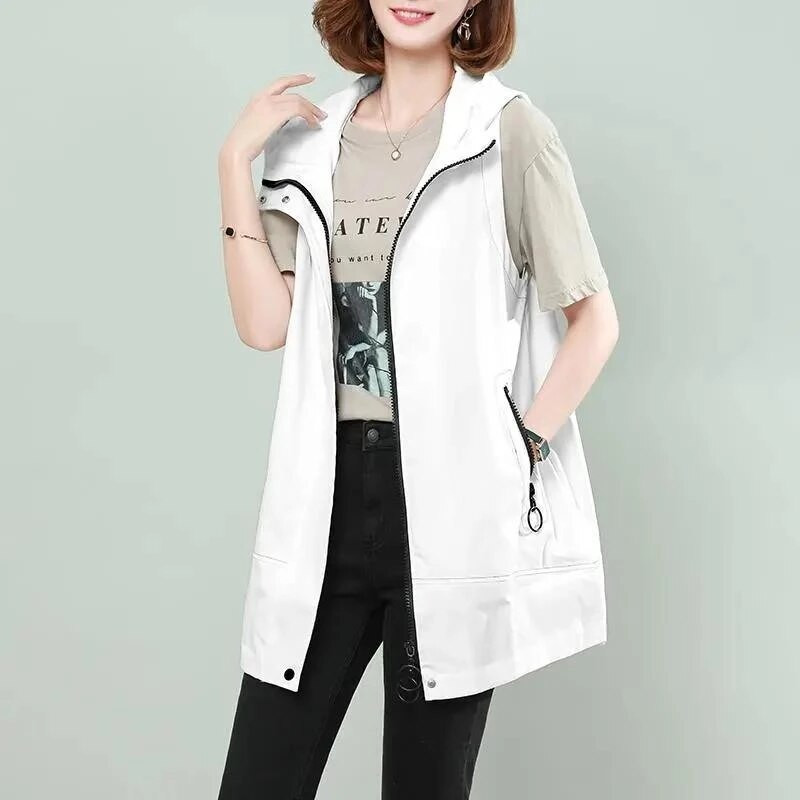 2022 Γυναικείο γιλέκο γιλέκο μεσαίου μήκους γιλέκο Νέα φαρδιά αμάνικα μαύρα μπουφάν Μόδα γιλέκο με φερμουάρ Γυναικεία πανωφόρια