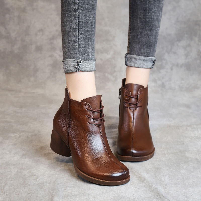 DRKANOL Nove ručno rađene ženske čizme, retro gležnjače od prave kože za žene, zimske tople cipele, čizme s okruglim vrhom, debelu petu, ženske