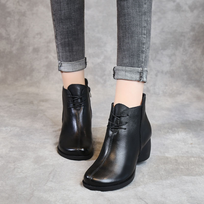 DRKANOL Nove ručno rađene ženske čizme, retro gležnjače od prave kože za žene, zimske tople cipele, čizme s okruglim vrhom, debelu petu, ženske