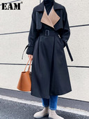 [EAM] Ženska crna vjetrovka s blokovima velike veličine, dugi trenč, nova vjetrovka s dugim rukavima na rever Fashion Tide, proljeće jesen 2022. 1DF1185