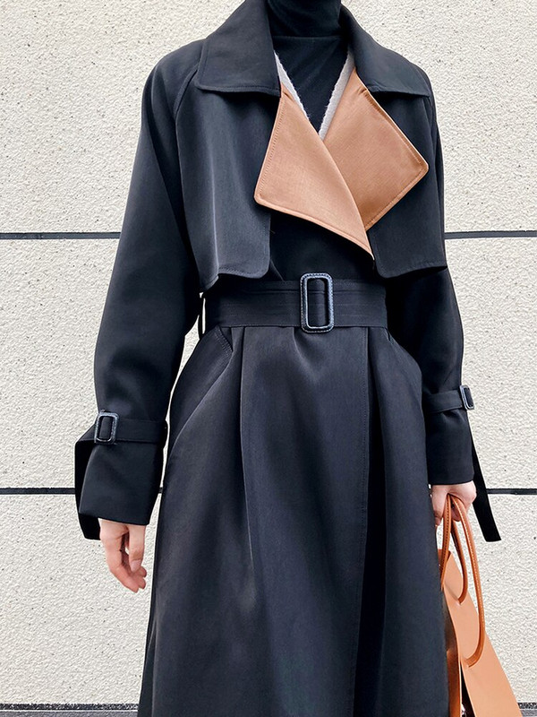 [EAM] Ženska crna vjetrovka s blokovima velike veličine, dugi trenč, nova vjetrovka s dugim rukavima na rever Fashion Tide, proljeće jesen 2022. 1DF1185