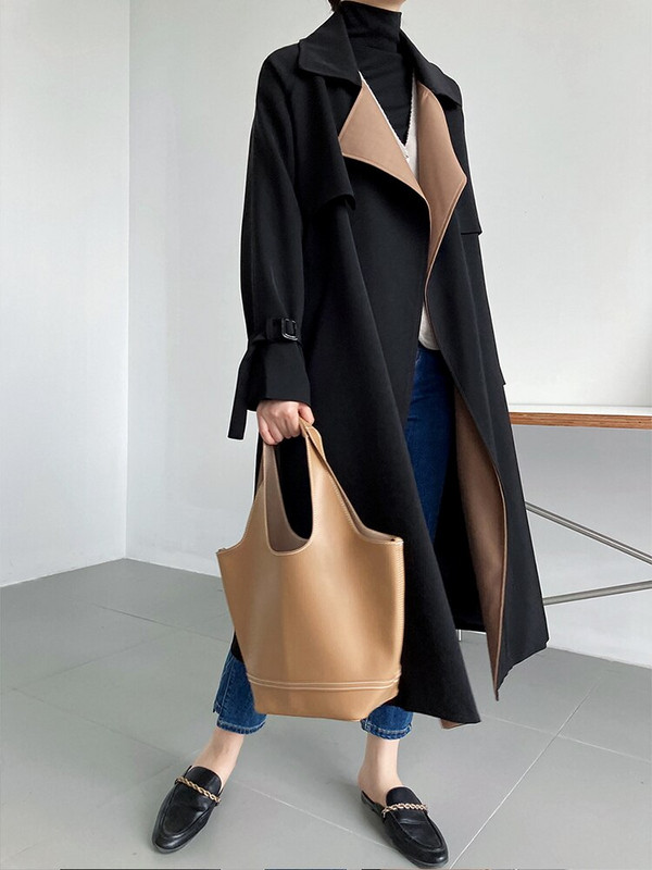 [EAM] Ženska crna vjetrovka s blokovima velike veličine, dugi trenč, nova vjetrovka s dugim rukavima na rever Fashion Tide, proljeće jesen 2022. 1DF1185