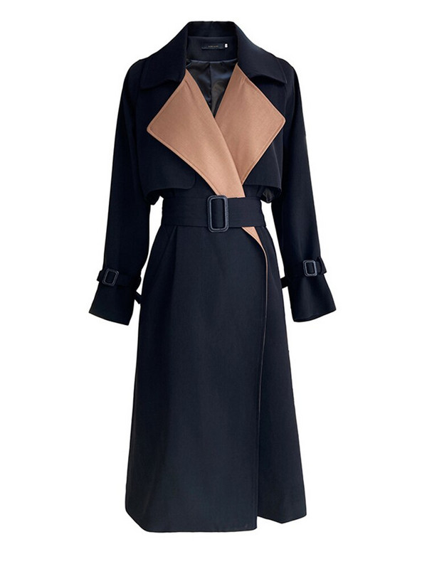 [EAM] Ženska crna vjetrovka s blokovima velike veličine, dugi trenč, nova vjetrovka s dugim rukavima na rever Fashion Tide, proljeće jesen 2022. 1DF1185