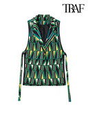 TRAF sieviešu modes sānu ventilācijas atveres ar izciļņiem ar apdrukātu veste Vintage bez piedurknēm priekšpusē ar pogu Sieviešu virsdrēbes eleganti topi