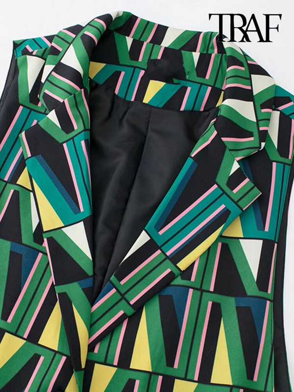 TRAF sieviešu modes sānu ventilācijas atveres ar izciļņiem ar apdrukātu veste Vintage bez piedurknēm priekšpusē ar pogu Sieviešu virsdrēbes eleganti topi