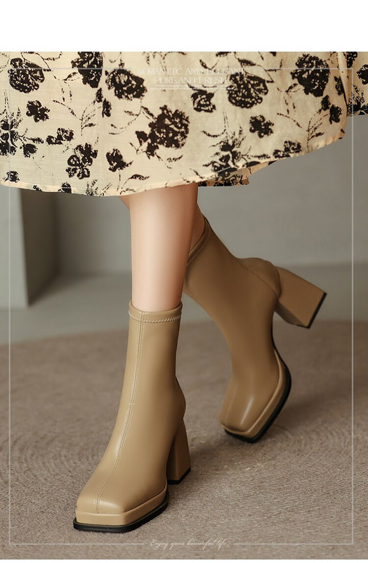 Elegantna platforma s visokom petom od 8 cm, ženske kožne četvrtaste prste, patentni zatvarač, ležerna radna odjeća, modne gležnjače