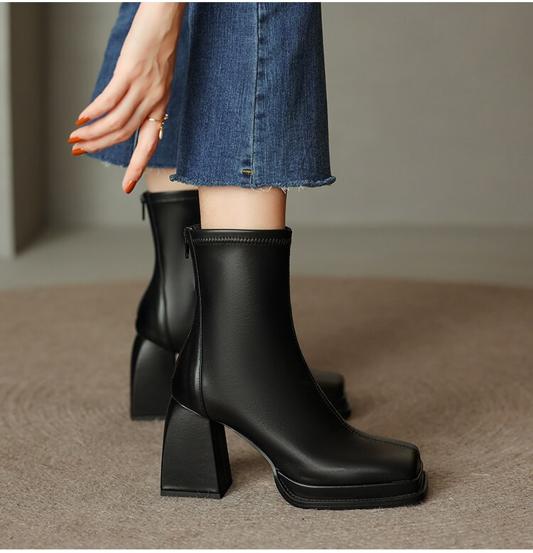 Elegantna platforma s visokom petom od 8 cm, ženske kožne četvrtaste prste, patentni zatvarač, ležerna radna odjeća, modne gležnjače
