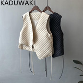 Γυναικείο γιλέκο Vintage Rhombus Lace Up Χειμώνας 2022 Νέα Κορεάτικα χαλαρά μπλουζάκια Κομψά με V λαιμόκοψη Λεπτό σακάκι Streetwear