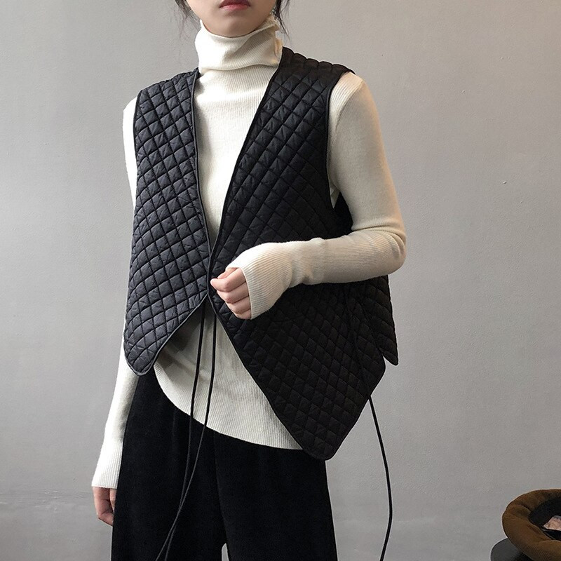 Γυναικείο γιλέκο Vintage Rhombus Lace Up Χειμώνας 2022 Νέα Κορεάτικα χαλαρά μπλουζάκια Κομψά με V λαιμόκοψη Λεπτό σακάκι Streetwear
