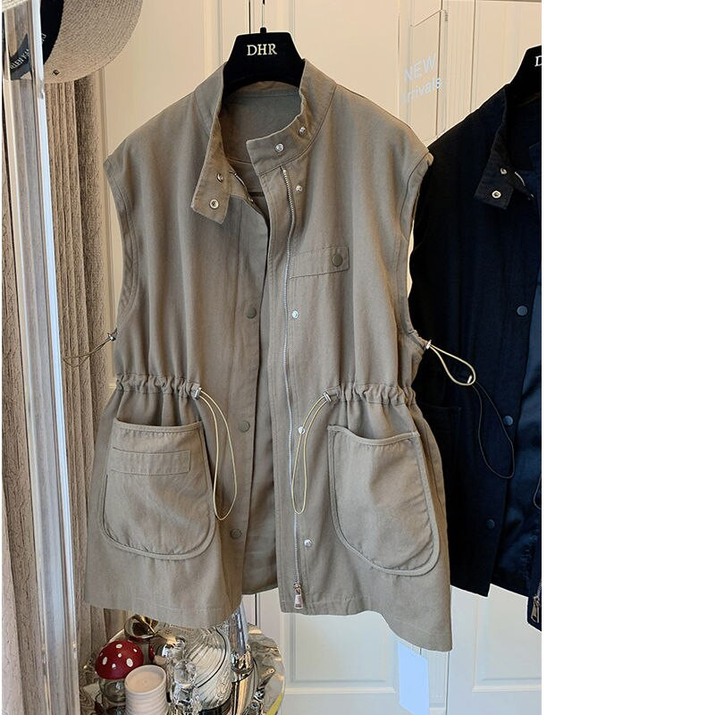 SuperAen 2022 Spring Solid, brīvs, raibs kabats, vidēji garš darba apģērbs, veste, sieviešu jaka