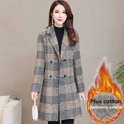 Φθινοπωρινό χειμωνιάτικο γυναικείο καρό μάλλινο παλτό Casual Blazer Γυναικεία μπουφάν Plus βαμβακερά ζεστά εξωτερικά ενδύματα με διπλό στήθος 3097
