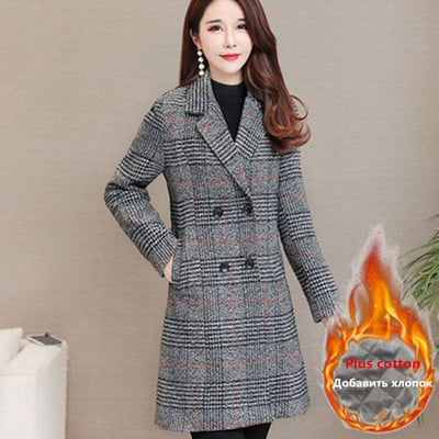 Φθινοπωρινό χειμωνιάτικο γυναικείο καρό μάλλινο παλτό Casual Blazer Γυναικεία μπουφάν Plus βαμβακερά ζεστά εξωτερικά ενδύματα με διπλό στήθος 3097