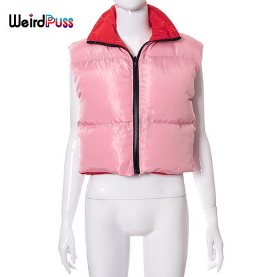 Weird Puss Puffer Bubble Jakna Ženska dolčevita Obostrani kaput Topovi bez rukava Zimska modna ulična odjeća Divlji kratki prsluk