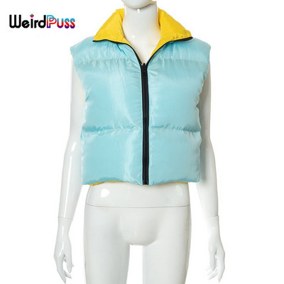 Weird Puss Puffer Bubble Jakna Ženska dolčevita Obostrani kaput Topovi bez rukava Zimska modna ulična odjeća Divlji kratki prsluk