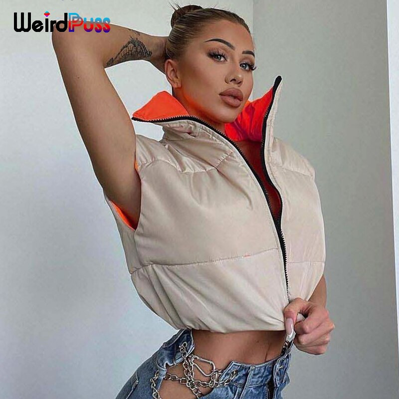 Weird Puss Puffer Bubble Jakna Ženska dolčevita Obostrani kaput Topovi bez rukava Zimska modna ulična odjeća Divlji kratki prsluk