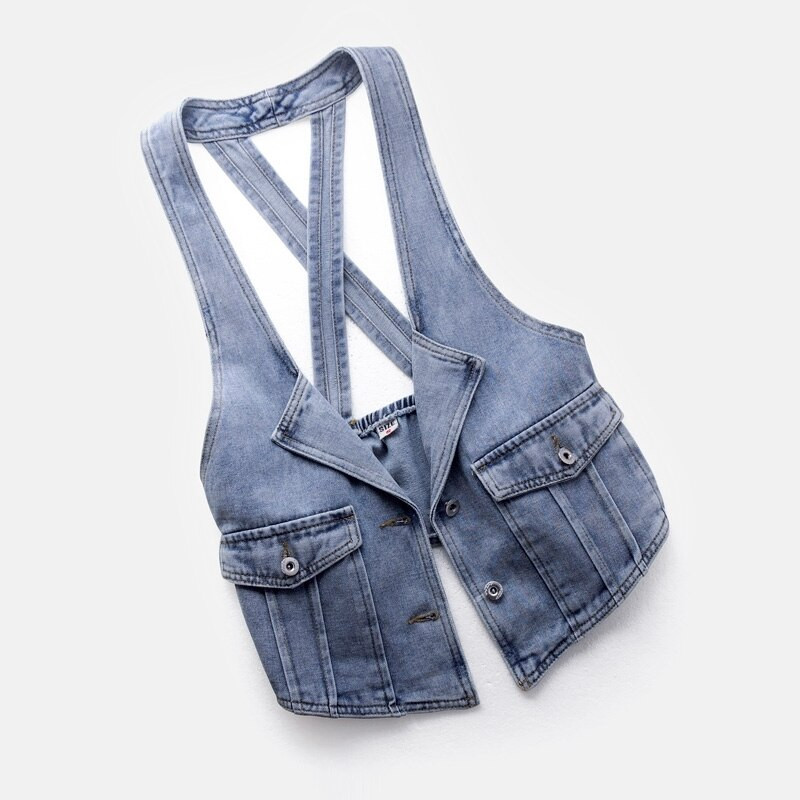 Vasaras mazgāšana gaiši zila džinsa veste sieviešu veste liela kabata bez piedurknēm jaka ikdienišķa plāna īsa džinsa veste sievietēm