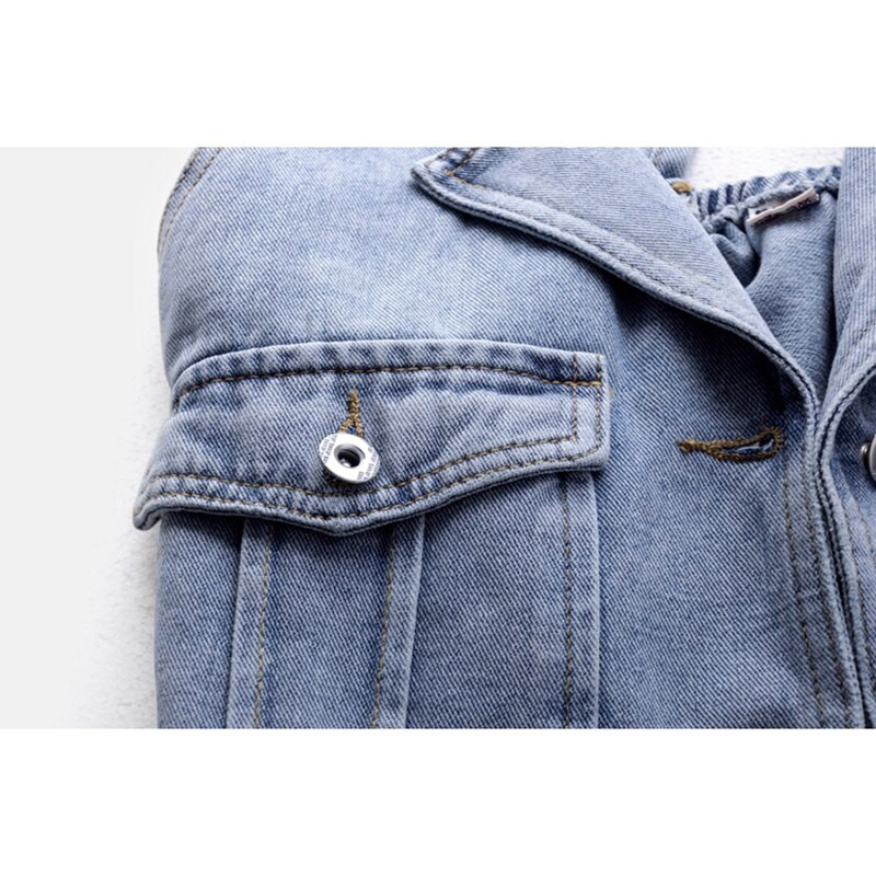 Vasaras mazgāšana gaiši zila džinsa veste sieviešu veste liela kabata bez piedurknēm jaka ikdienišķa plāna īsa džinsa veste sievietēm