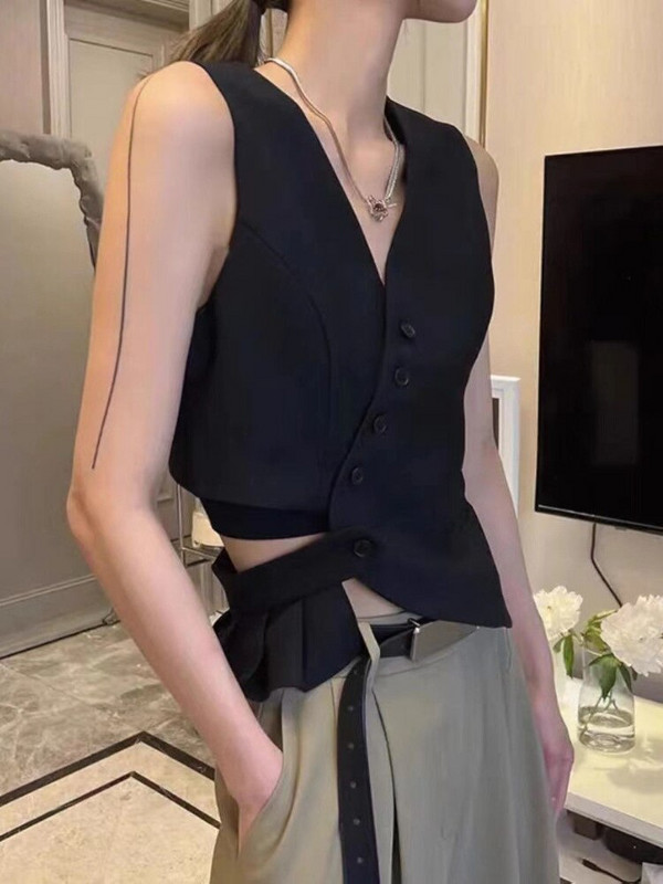 Γιλέκα Γυναικεία ασύμμετρη καθημερινή σχεδίαση Vintage Slim Sexy BF Crop Hipster Streetwear με λαιμόκοψη V Καλοκαίρι Δημοφιλής προσωπικότητα όλων των αγώνων