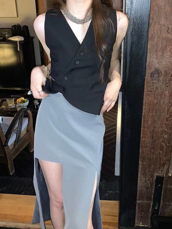 Γιλέκα Γυναικεία ασύμμετρη καθημερινή σχεδίαση Vintage Slim Sexy BF Crop Hipster Streetwear με λαιμόκοψη V Καλοκαίρι Δημοφιλής προσωπικότητα όλων των αγώνων