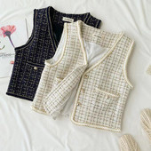 Tvīda retro rūtainā veste sievietēm 2021. gada rudenī, jauna V veida kakla izgriezums bez piedurknēm, šaurām kabatām Veste Sieviešu modes modes sieviešu īsā, maza veste