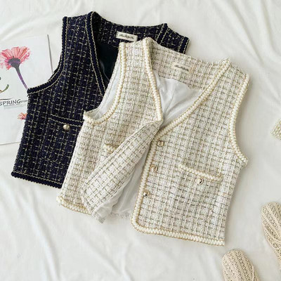 Tvīda retro rūtainā veste sievietēm 2021. gada rudenī, jauna V veida kakla izgriezums bez piedurknēm, šaurām kabatām Veste Sieviešu modes modes sieviešu īsā, maza veste