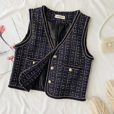 Tvīda retro rūtainā veste sievietēm 2021. gada rudenī, jauna V veida kakla izgriezums bez piedurknēm, šaurām kabatām Veste Sieviešu modes modes sieviešu īsā, maza veste