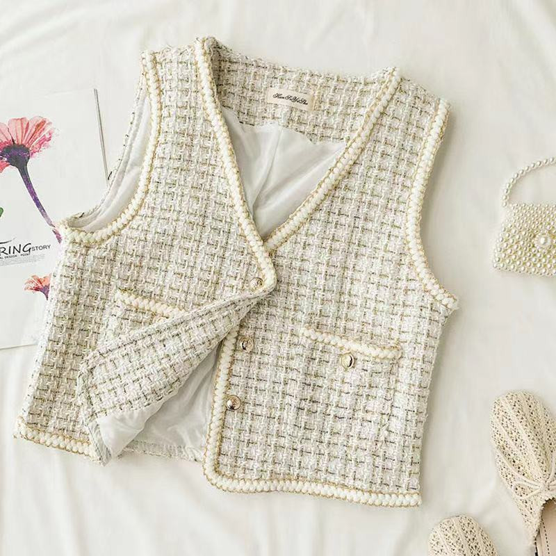 Tvīda retro rūtainā veste sievietēm 2021. gada rudenī, jauna V veida kakla izgriezums bez piedurknēm, šaurām kabatām Veste Sieviešu modes modes sieviešu īsā, maza veste