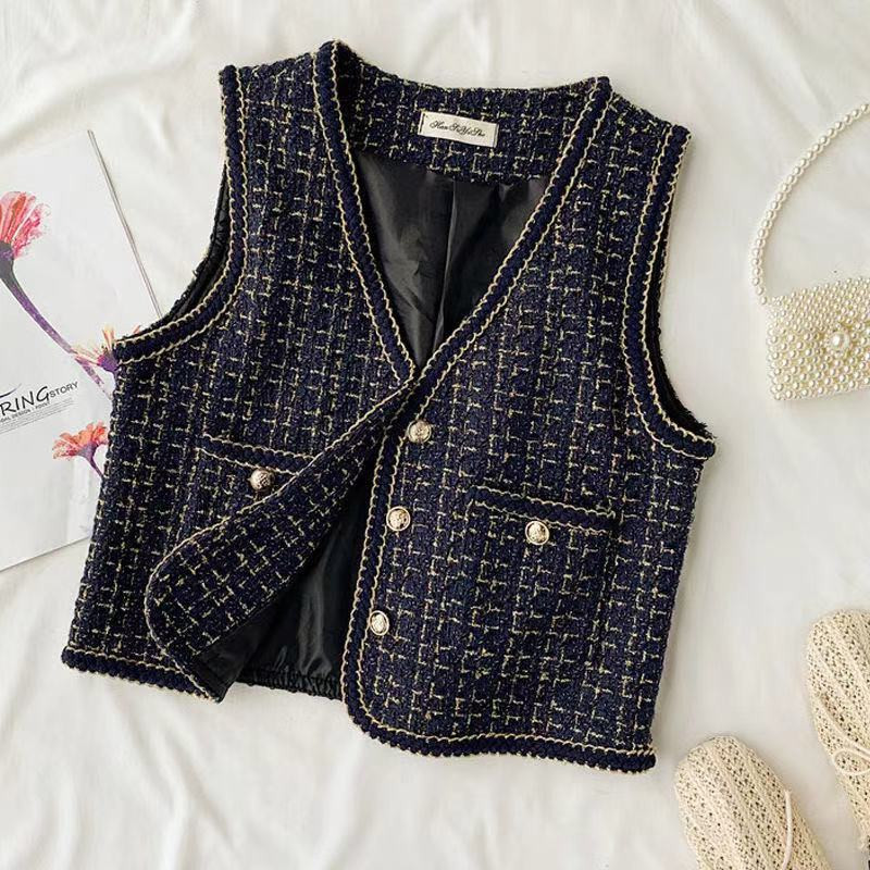 Tvīda retro rūtainā veste sievietēm 2021. gada rudenī, jauna V veida kakla izgriezums bez piedurknēm, šaurām kabatām Veste Sieviešu modes modes sieviešu īsā, maza veste