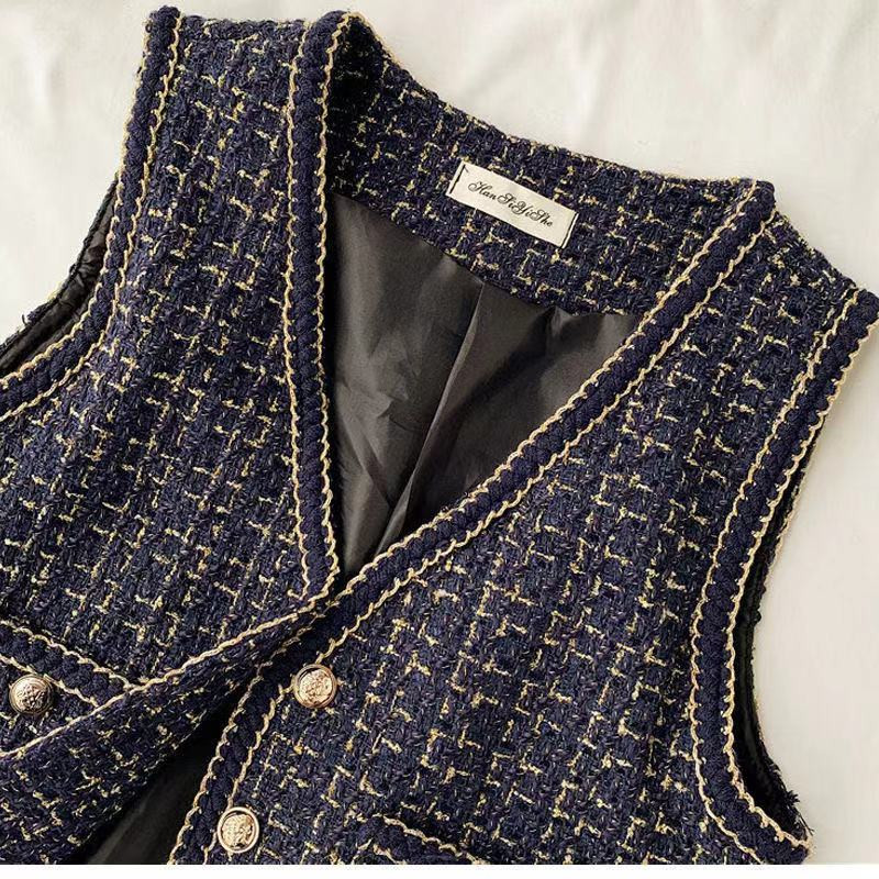 Tvīda retro rūtainā veste sievietēm 2021. gada rudenī, jauna V veida kakla izgriezums bez piedurknēm, šaurām kabatām Veste Sieviešu modes modes sieviešu īsā, maza veste