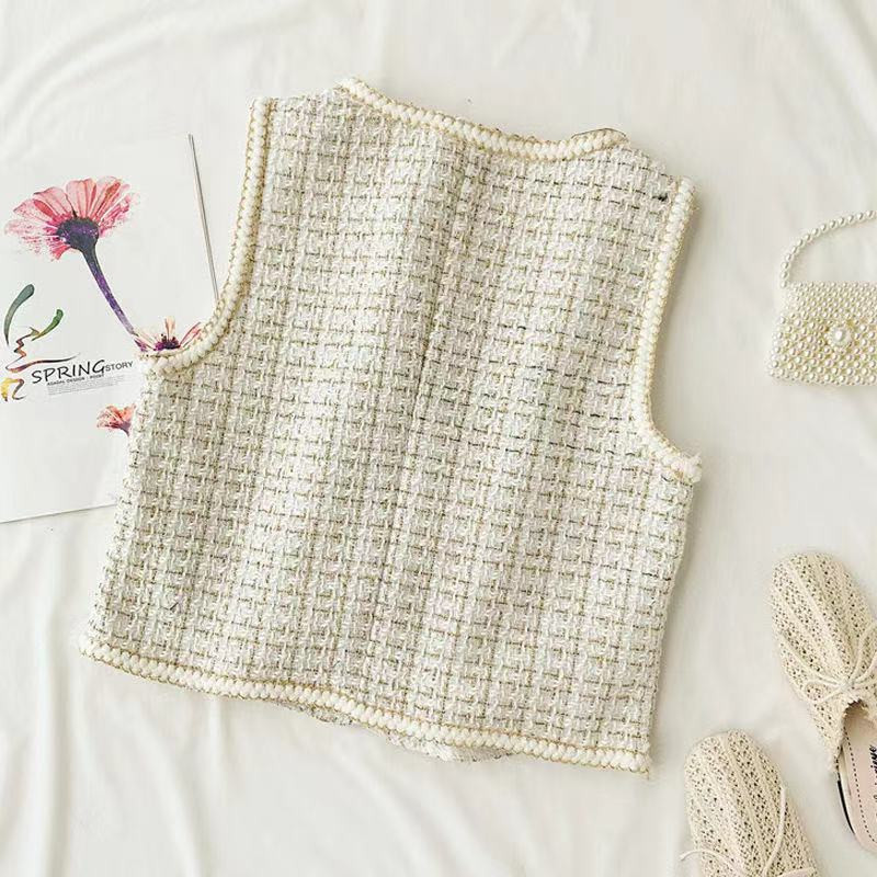 Tvīda retro rūtainā veste sievietēm 2021. gada rudenī, jauna V veida kakla izgriezums bez piedurknēm, šaurām kabatām Veste Sieviešu modes modes sieviešu īsā, maza veste