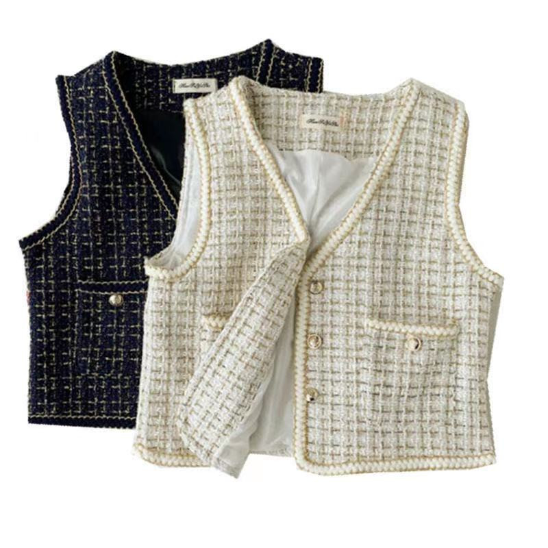 Tvīda retro rūtainā veste sievietēm 2021. gada rudenī, jauna V veida kakla izgriezums bez piedurknēm, šaurām kabatām Veste Sieviešu modes modes sieviešu īsā, maza veste