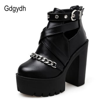 Gdgydh Plus Size 42 Fashion Chain γυναικεία παπούτσια Με φερμουάρ τετράγωνο ψηλοτάκουνο μποτάκι για γυναικεία πανκ παπούτσια Πλατφόρμα Άνοιξη Φθινόπωρο